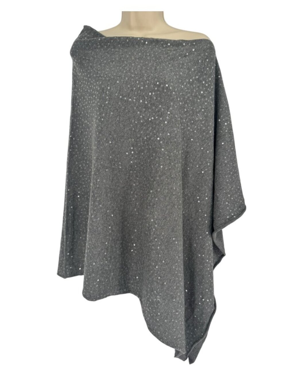 Soft Surroundings I'm So Fancy Gray Sequin Poncho Wrap Shawl Size L Shimmer Knit
